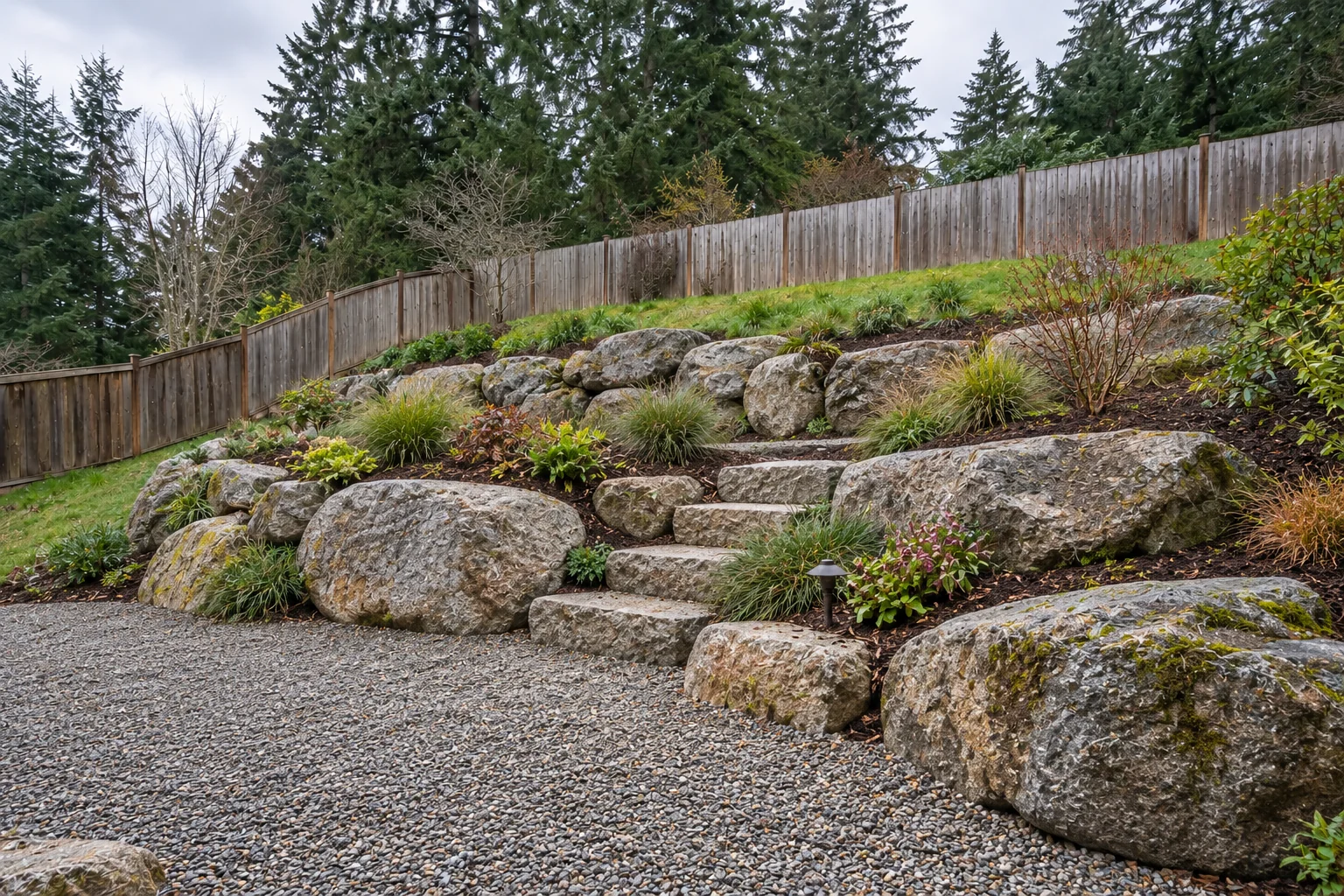 After concept: natural boulder retaining terraces, planted beds, and a welcoming outdoor space