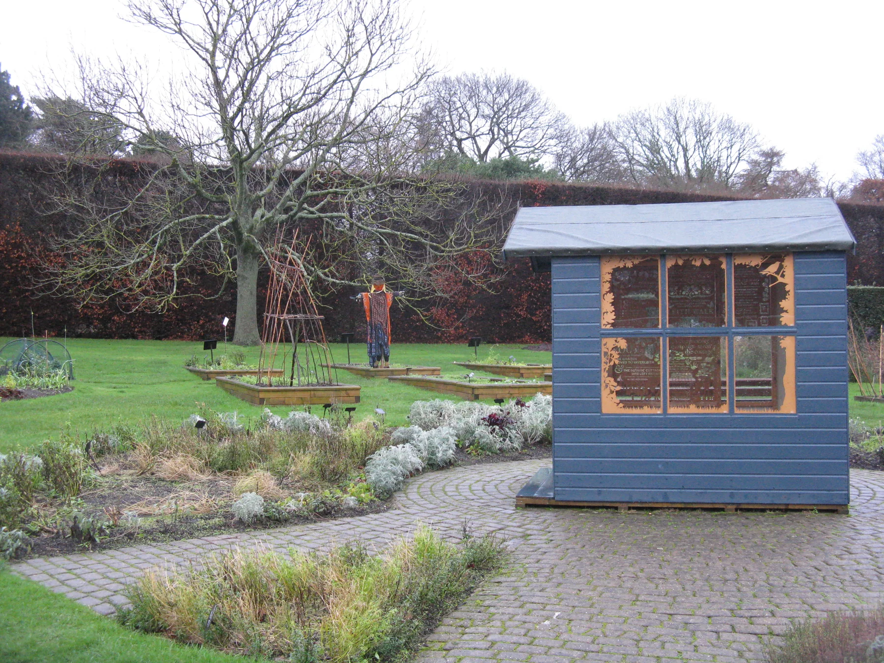 Compact blue shed with broad glazed front and simple pitched roof in garden