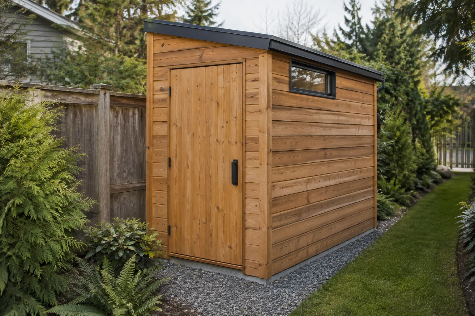Compact modern cedar storage shed on a gravel pad in a narrow garden