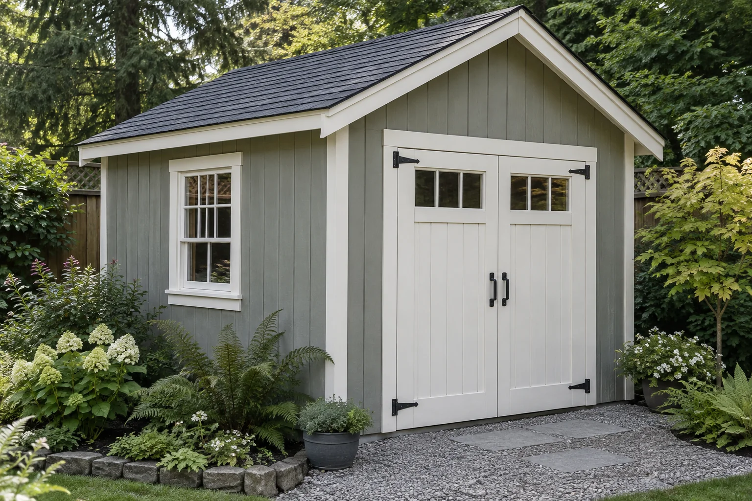 Small sage-painted garden shed with white window trim and a gabled roof
